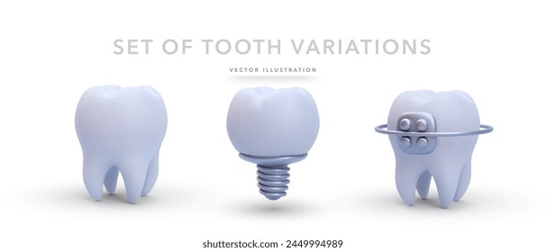 Conjunto de variaciones de dientes realistas 3d aislados sobre fondo blanco. Ilustración vectorial