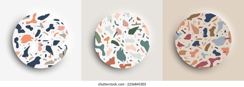 Set of 3D realistic top view circle podium pedestal stand with terrazzo pattern surface background. You can use for product presentation, cosmetic display mockup, showcase, etc. Vector illustration