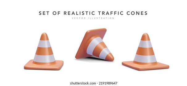 Conjunto de conos de tráfico 3d realistas aislados en fondo blanco. Ilustración del vector