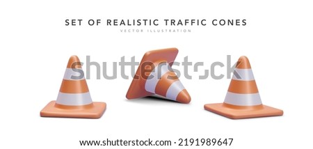 Set of 3d realistic traffic cones isolated on white background. Vector illustration