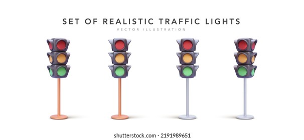 Conjunto de semáforos 3d realistas aislados en fondo blanco. Ilustración del vector