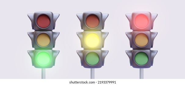 Set of 3d realistic traffic lights isolated on light background. Vector illustration
