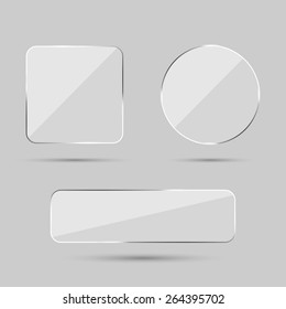 Set of 3d realistic transparent glass buttons: square with round corners ans circle. Vector illustration.