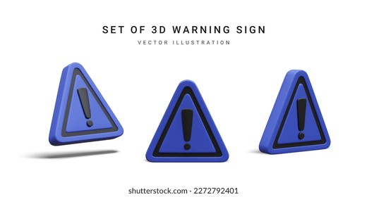 Set of 3d realistic triangle warning sign with exclamation mark isolated on white background. Vector illustration