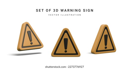 Set of 3d realistic triangle warning sign with exclamation mark isolated on white background. Vector illustration