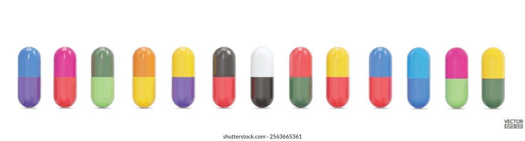 Set of 3d realistic Various colored capsules isolated on white background. Medical Pill, Capsule, Tablet, medicine drug Collection. 3D vector illustration.
