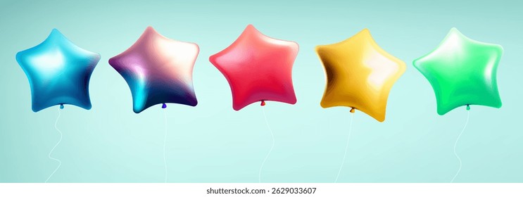 Set of 3d realistic vector colored balloons of star. Helium balloons for Happy birthday, wedding, party anniversary. Template 3d realistic vector, collection of balloons star.