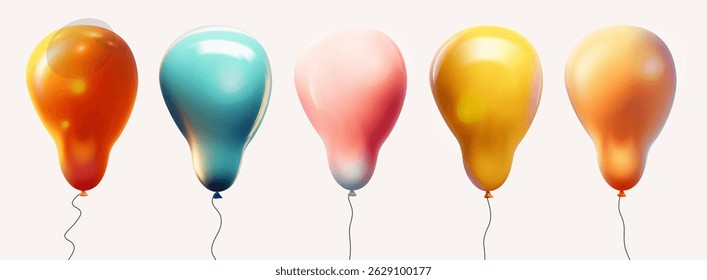 Set of 3d realistic vector colored balloons spheres. Helium balloons for Happy birthday, wedding, party anniversary. Template 3d realistic vector, collection of elongated shape of helium balloons.