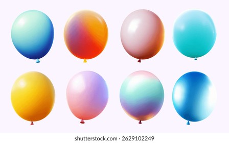 Set of 3d realistic vector colored balloons. Helium balloons for Happy birthday, wedding, party anniversary. Template realistic vector, collection of balloon.