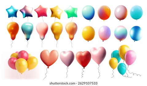 Set of 3d realistic vector colored balloons of various shapes, heart, star, spheres. Helium balloons for Happy birthday, wedding, party anniversary. Template realistic vector, collection of balloon.