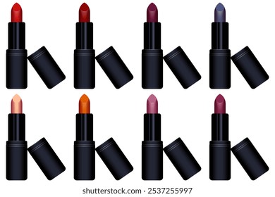 Conjunto de design de modelo de batom de vetor realista 3D. Colecionador 3D colorido Lipstick isolado fundo branco. Modelo para cartazes de moda de beleza web design de mídias sociais.    