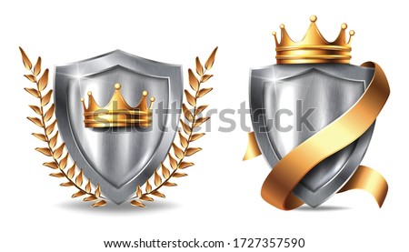 Set of 3d realistic vector metal shield with frames . Blank silver steel metallic panel with golden crown, ribbon and leaves award trophy or certificate template isolated on white background.