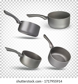 Set of 3d realistic vector open stewpan with a long handle isolated on a transparent background. Kitchen utensils, dishes. Stewpot from different angles.