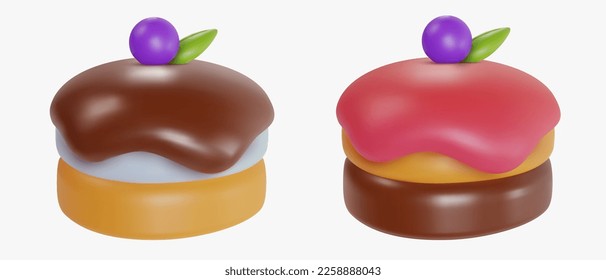 Set 3d realistic vector piece of cake or cheesecake in cartoon minimal style. Holiday colorful tasty dessert icon. Bright glossy sweet food element. Collection creative cute child art illustration.