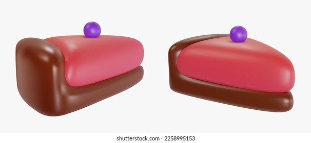 Set 3d realistic vector piece of cake or cheesecake in cartoon minimal style. Holiday colorful tasty dessert icon. Bright glossy sweet food element. Collection creative cute child art illustration.