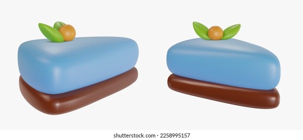 Set 3d realistic vector piece of cake or cheesecake in cartoon minimal style. Holiday colorful tasty dessert icon. Bright glossy sweet food element. Collection creative cute child art illustration.
