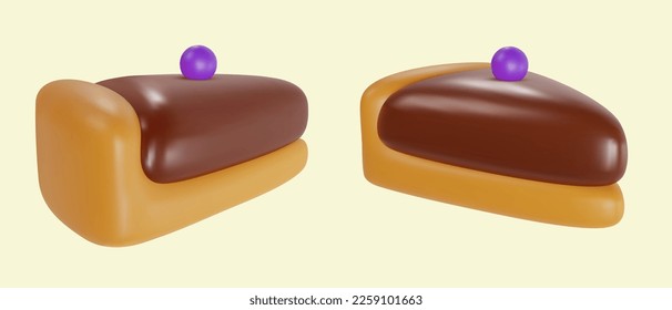 Set 3d realistic vector piece of cake or cheesecake in cartoon minimal style. Holiday colorful tasty dessert icon. Bright glossy sweet food element. Collection creative cute child art illustration.