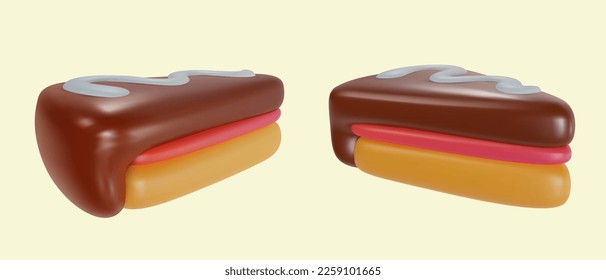 Set 3d realistic vector piece of cake or cheesecake in cartoon minimal style. Holiday colorful tasty dessert icon. Bright glossy sweet food element. Collection creative cute child art illustration.