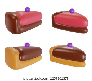 Set 3d realistic vector piece of cake or cheesecake in cartoon minimal style. Holiday colorful tasty dessert icon. Bright glossy sweet food element. Collection creative cute child art illustration.