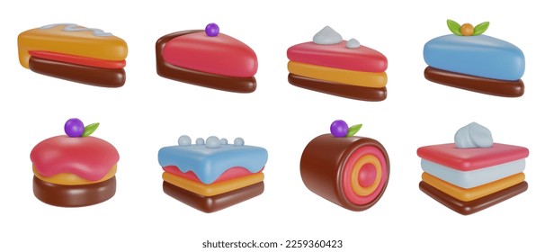 Set 3d realistic vector piece of cake or cheesecake in cartoon minimal style. Holiday colorful tasty dessert icon. Bright glossy sweet food element. Collection creative cute child art illustration.