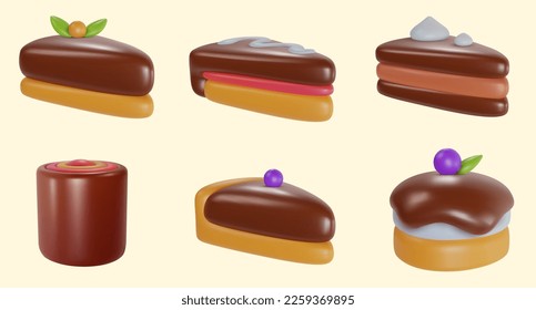 Set 3d realistic vector piece of cake or cheesecake in cartoon minimal style. Holiday colorful tasty dessert icon. Bright glossy sweet food element. Collection creative cute child art illustration.