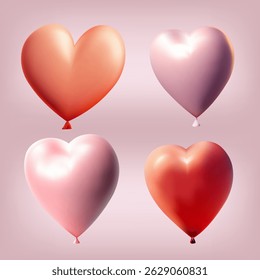 Set of 3d realistic vector red and pink balloons of heart. Helium balloons for Happy birthday, wedding, party anniversary. Template 3d realistic vector, collection of balloons heart.