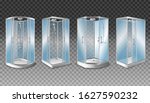 Set of 3d realistic vector shower cabins with transparent glass doors and modern shower system , isolated.