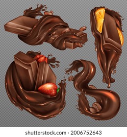 Set of 3D realistic vectors , horizontal and vertical splash of chocolate, cocoa or coffee, pieces of chocolate bar with raspberry and orange pieces, swirl and drop. Isolated on copy space background