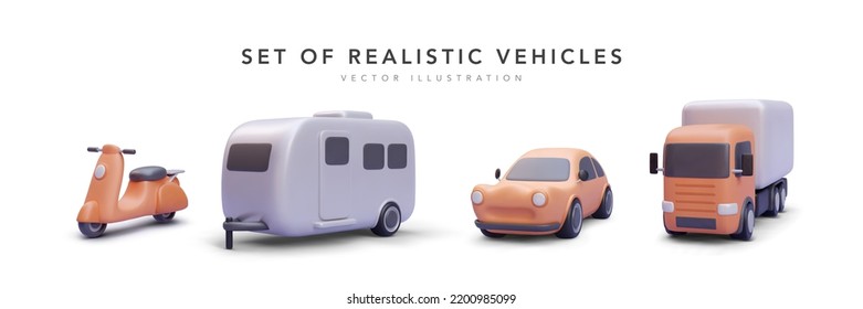 Set of 3d realistic vehicles with shadow isolated on white background. Vector illustration