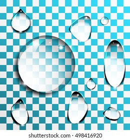 Set of 3d realistic water drops on vertical surface or slope. Badge of drink, liquids, surfaces and different equipment.