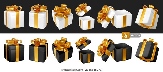 Set of 3d realistic white and black satin gift boxes with luxury golden bow. Open and closed. Holiday design element for birthday, wedding, advertising banner of sale and other events. Vector
