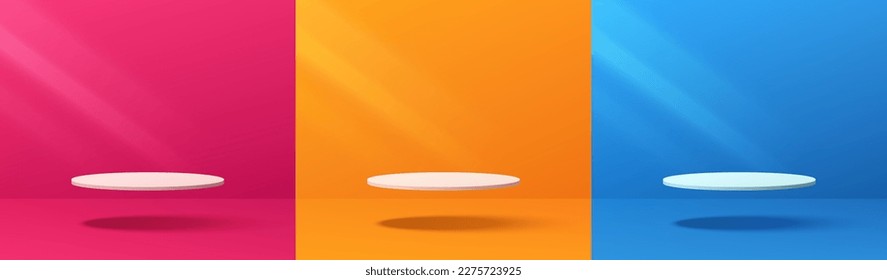 Conjunto de podio de cilindros blancos realistas 3D flotando en el aire en habitaciones vacías rosa, naranja y azul. Resumen de formas geométricas vectoriales. Muestra de escenario de producto de simulación de escena mínima en pared, pantalla de promoción.