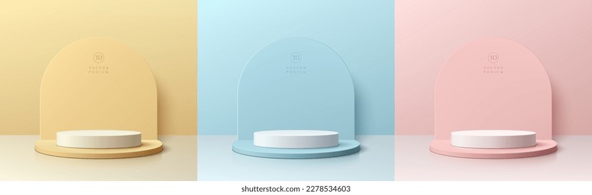 Set of 3D realistic white cylinder pedestal podium in soft pink, light blue and beige empty rooms. Minimal wall scene mockup product stage showcase, Promotion display. Abstract vector geometric forms. - Shutterstock ID 2278534603
