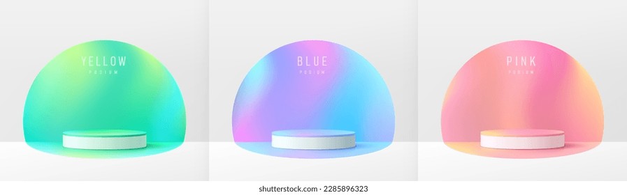 Set of 3D realistic white cylinder pedestal podium with green, blue and colorful in semi circles wall scene. Minimal mockup product display. Abstract geometric platformห. Stage showcase. Vector render