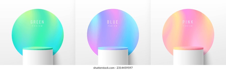 Set of 3D realistic white cylinder pedestal podium with green, blue and gradient colorful in circles wall scene. Minimal mockup product display. Abstract 3D vector geometric platform. Stage showcase.