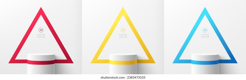 Set of 3D realistic white cylinder podium stand with red, yellow and blue triangles scene. Abstract minimal mockup or product display presentation, Stage showcase. Platforms vector geometric design.