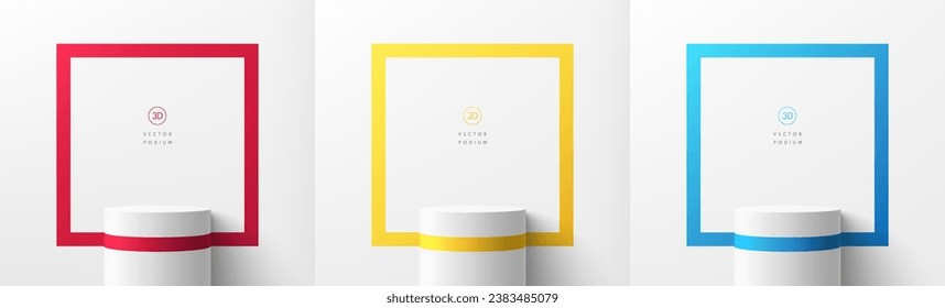Set of 3D realistic white cylinder podium stand with red, yellow and blue square frame scene. Abstract minimal mockup or product display presentation, Stage showcase. Platforms vector geometric design