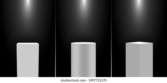 Set of 3D realistic white pedestal podium exhibition display gallery blank product stands on black background with lighting. Vector illustration