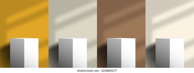 Set of 3D realistic white podium platform pedestal stand cube shape display with lighting and window shadow on yellow, brown beige colors background minimal style. Studio room elegant minimal wall