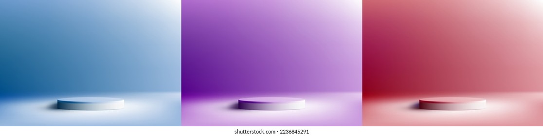 Set of 3D realistic white podium pedestal stand on blue, purple, red colors background with natural lighting. You can use for product presentation, cosmetic display mock up, showcase, etc. Vector