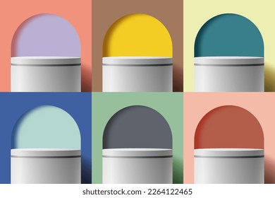Set of 3D realistic white podium stand pedestal with geometric rounded frame backdrop minimal wall scene background. You can use for product presentation, cosmetic display mockup, showcase, etc