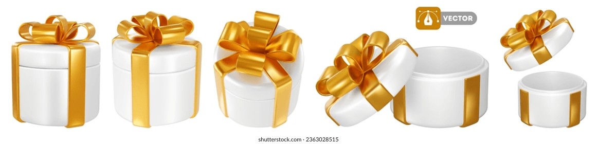 Set of 3d realistic white satin gift boxes in circle shape with luxury golden bow. Open and closed. Holiday design element for birthday, wedding, advertising banner of sale and other events. Vector