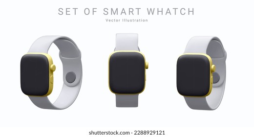 Conjunto de relojes 3d realistas blancos inteligentes en una posición diferente aislados sobre fondo blanco. Ilustración del vector