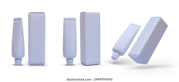 Set of 3d realistic white tube and packaging with wide cap. Vector illustration