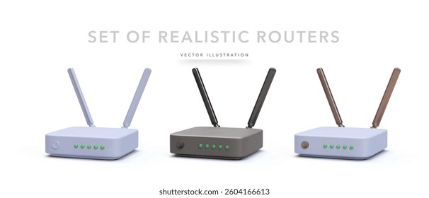 Set of 3d realistic wifi routers with shadow isolated on white. Vector illustration