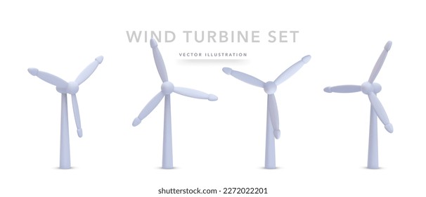 Set of 3d realistic wind turbines with shadow isolated on white background. Vector illustration