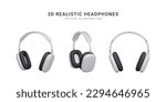 Set of 3d realistic wireless headphones isolated on white background. Vector illustration
