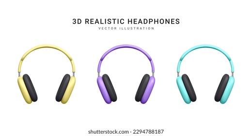 Set of 3d realistic wireless headphones isolated on white background. Vector illustration