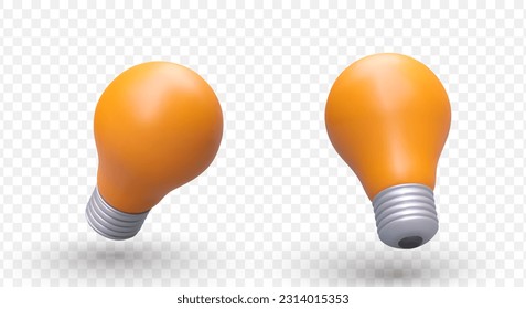 Set of 3d realistic yellow light bulb in different positions. Poster with product for shop selling light bulbs. Indoor lighting concept. Vector illustration in cartoon style
