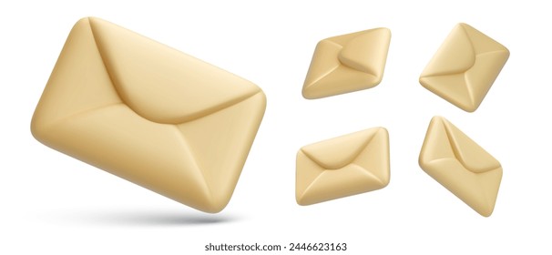 Conjunto de correo amarillo 3d realista aislado sobre fondo blanco. Ilustración vectorial